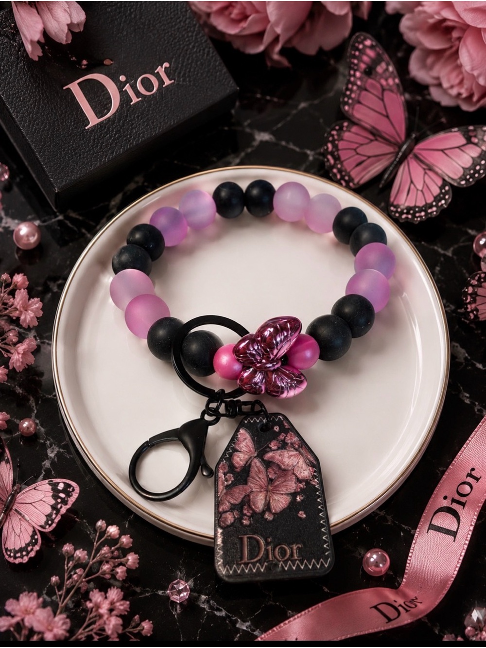 Hand Crafted Pink and Black Beaded Inspired Butterfly Wrislet Keychain